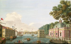 Veduta del fiume Fontanka dal grotto e dal Palazzo degli Ospiti, inciso da Grigory Anikievich Kachalov